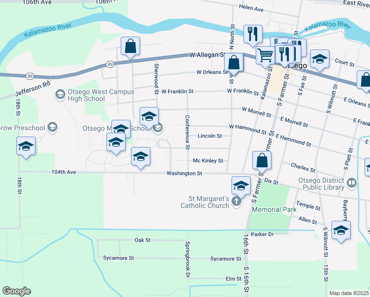 map of restaurants, bars, coffee shops, grocery stores, and more near 367 Lincoln Street in Otsego