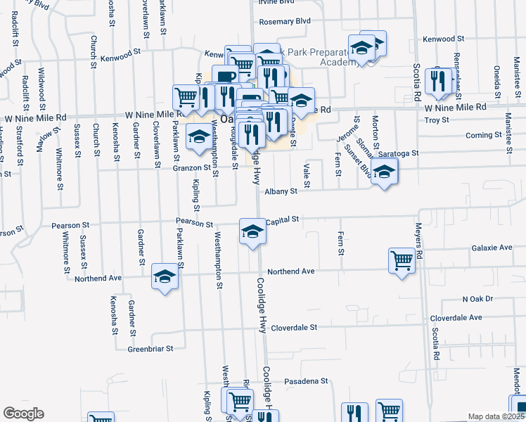 map of restaurants, bars, coffee shops, grocery stores, and more near 13441 Albany Street in Oak Park