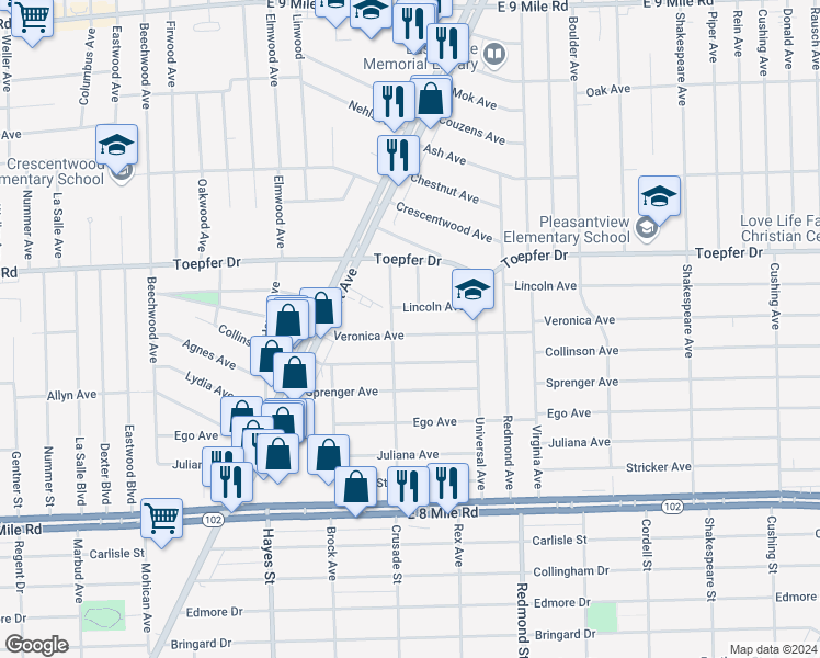 map of restaurants, bars, coffee shops, grocery stores, and more near 15533 Veronica Avenue in Eastpointe