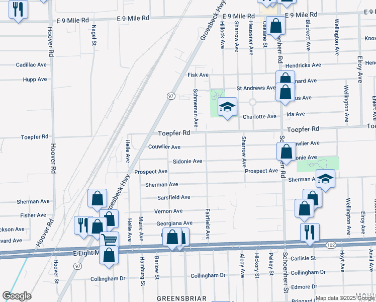 map of restaurants, bars, coffee shops, grocery stores, and more near 12806 Toepfer Road in Warren