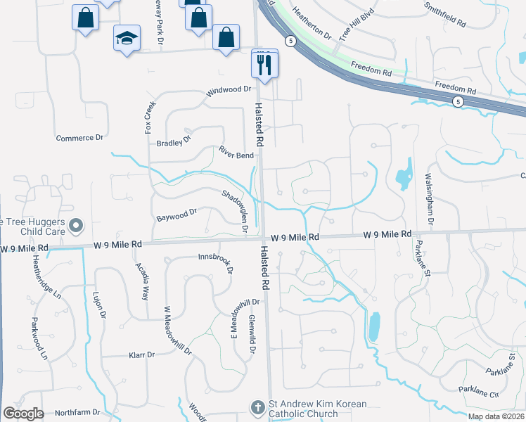 map of restaurants, bars, coffee shops, grocery stores, and more near Halsted Road in Farmington