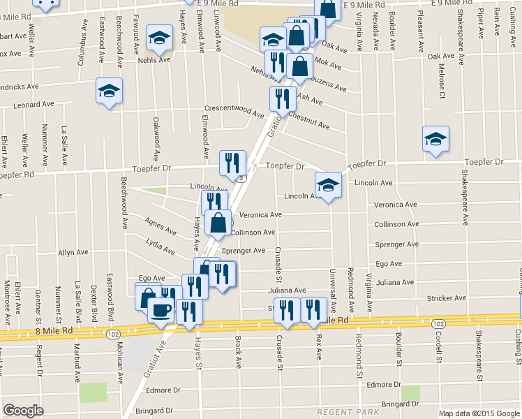 map of restaurants, bars, coffee shops, grocery stores, and more near 15345 Veronica Avenue in Eastpointe