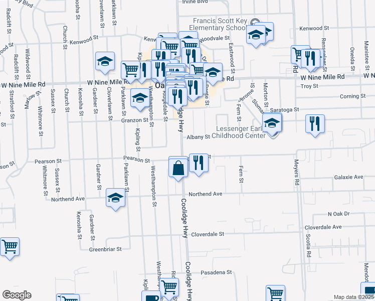 map of restaurants, bars, coffee shops, grocery stores, and more near 13441 Albany Street in Oak Park