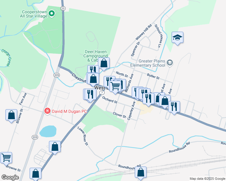 map of restaurants, bars, coffee shops, grocery stores, and more near 426 Chestnut Street in Oneonta