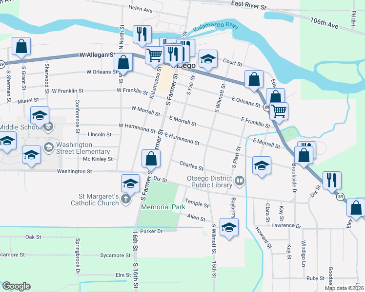 map of restaurants, bars, coffee shops, grocery stores, and more near 203 East Hammond Street in Otsego