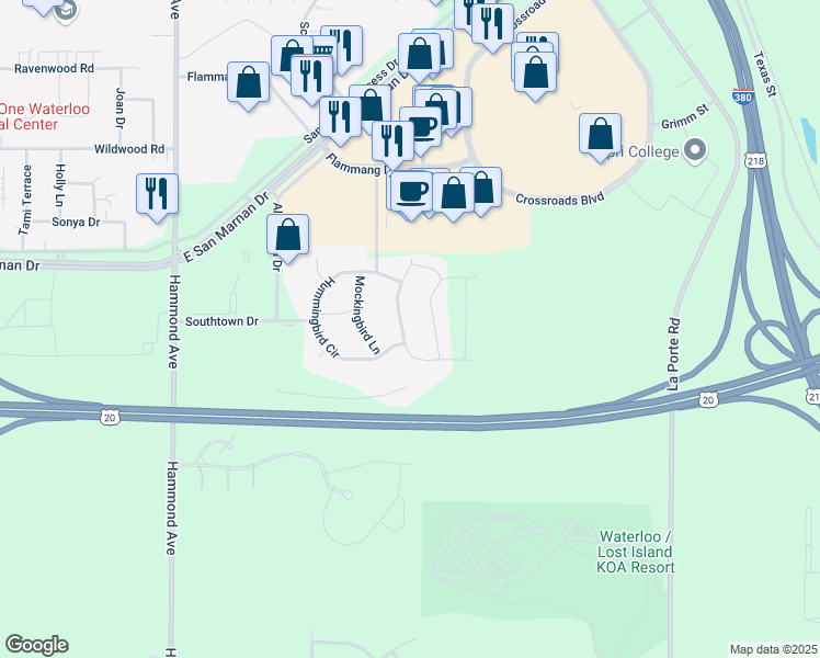 map of restaurants, bars, coffee shops, grocery stores, and more near 4115 Mourning Dove Drive in Waterloo