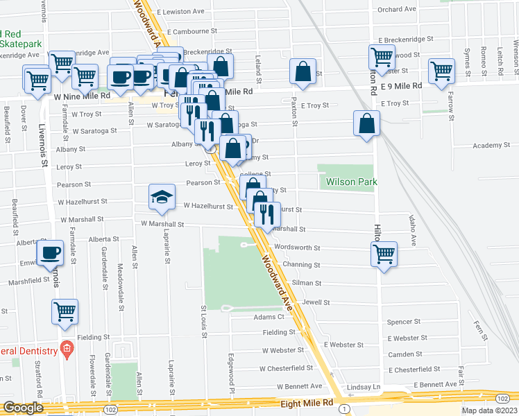 map of restaurants, bars, coffee shops, grocery stores, and more near 127 East Hazelhurst Street in Ferndale