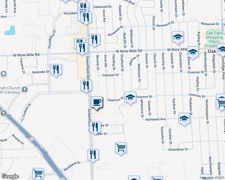 map of restaurants, bars, coffee shops, grocery stores, and more near 21910 Harding Street in Oak Park