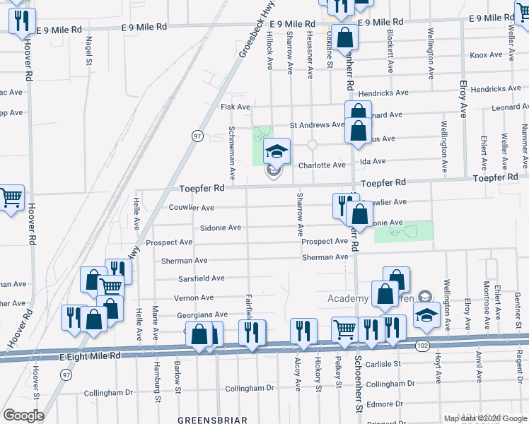 map of restaurants, bars, coffee shops, grocery stores, and more near 13017 Couwlier Avenue in Warren