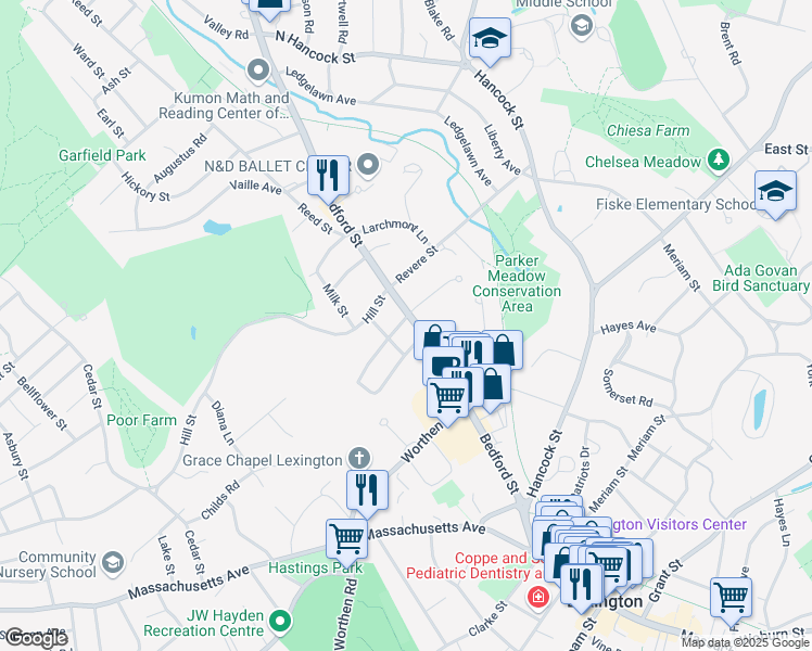 map of restaurants, bars, coffee shops, grocery stores, and more near 8 Shirley Street in Lexington