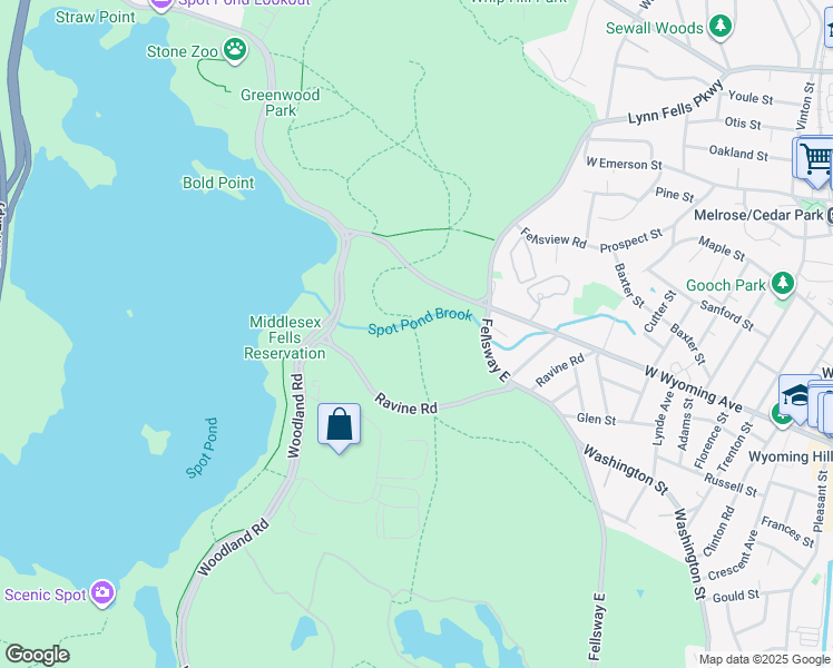 map of restaurants, bars, coffee shops, grocery stores, and more near Virginia Wood Trail in Stoneham