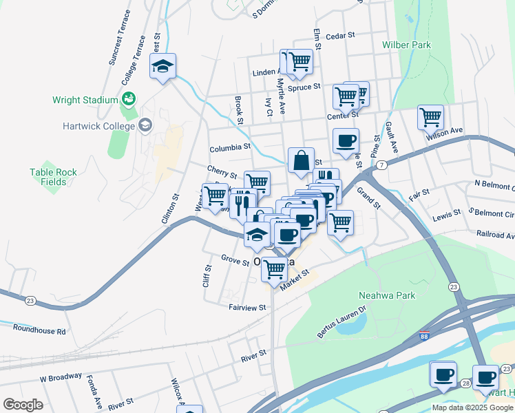 map of restaurants, bars, coffee shops, grocery stores, and more near 1 Hill Place in Oneonta