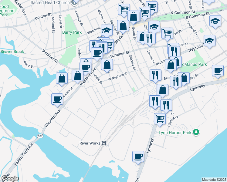 map of restaurants, bars, coffee shops, grocery stores, and more near 12 Norton Street in Lynn