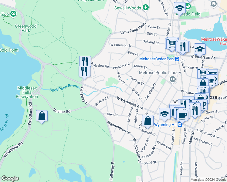 map of restaurants, bars, coffee shops, grocery stores, and more near 30 Ravine Terrace in Melrose