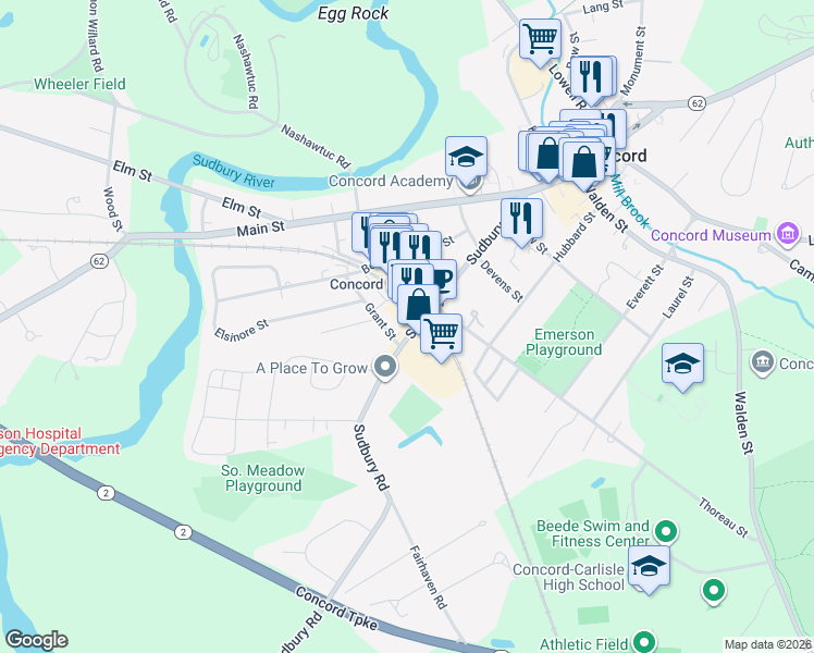 map of restaurants, bars, coffee shops, grocery stores, and more near 120 Thoreau Street in Concord