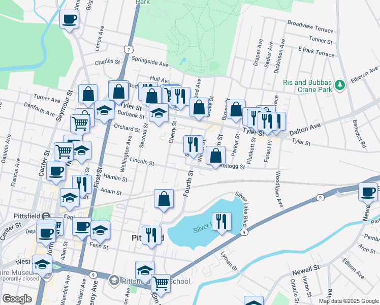 map of restaurants, bars, coffee shops, grocery stores, and more near 38 Spring Street in Pittsfield