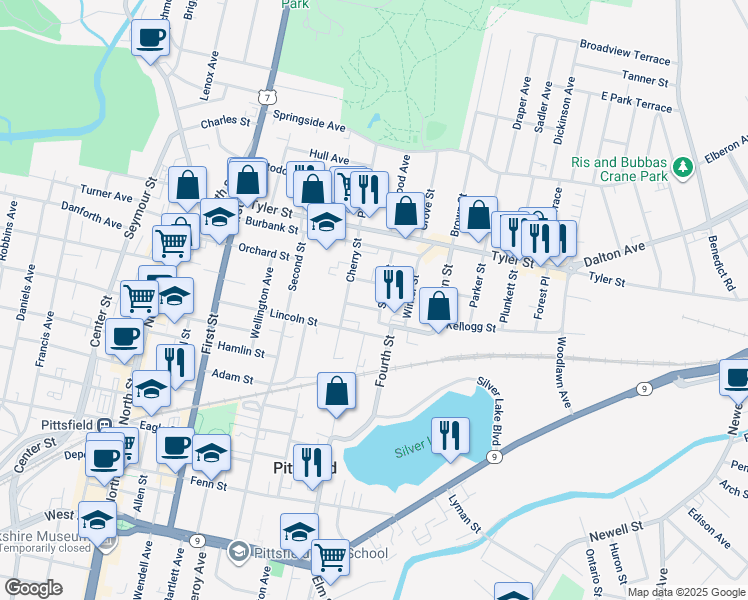 map of restaurants, bars, coffee shops, grocery stores, and more near 38 Spring Street in Pittsfield