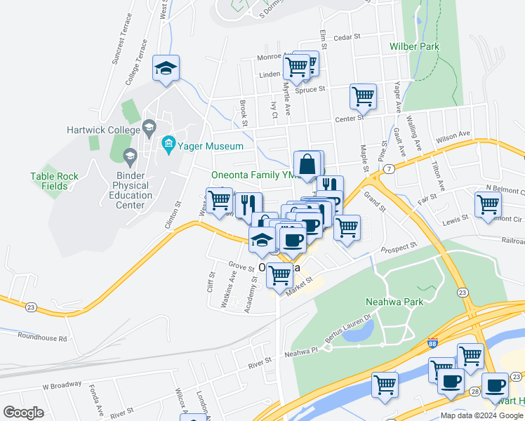 map of restaurants, bars, coffee shops, grocery stores, and more near 1 Hill Place in Oneonta