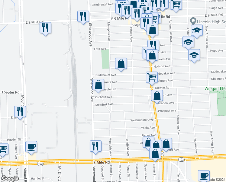 map of restaurants, bars, coffee shops, grocery stores, and more near 6812 Chalmers Avenue in Warren