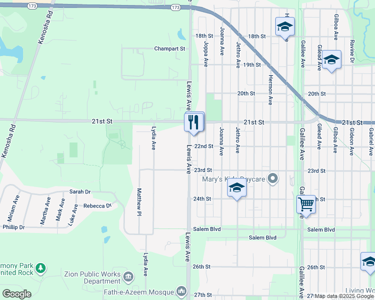 map of restaurants, bars, coffee shops, grocery stores, and more near 2114 Lewis Avenue in Zion