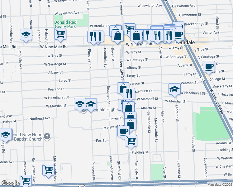 map of restaurants, bars, coffee shops, grocery stores, and more near 1201 Livernois in Ferndale