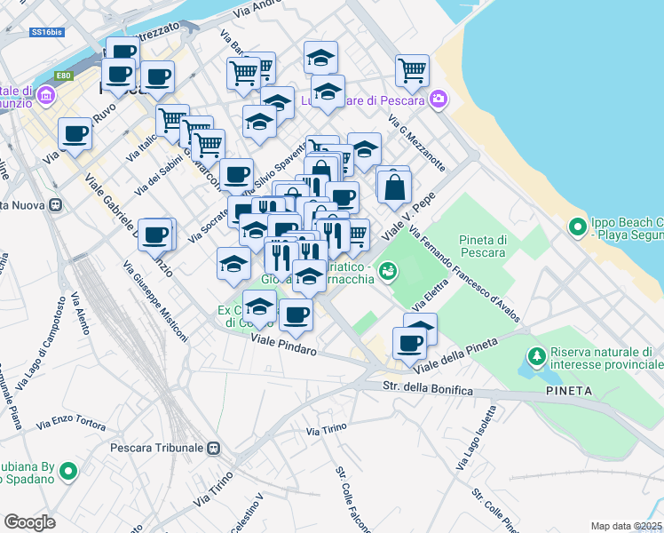 map of restaurants, bars, coffee shops, grocery stores, and more near 64 Via Alessandro Valignani in Pescara