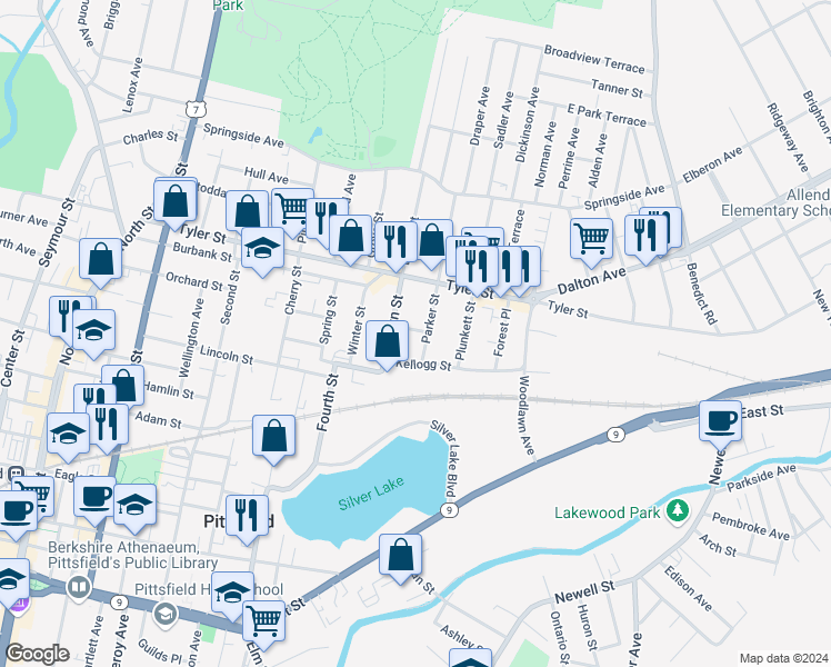 map of restaurants, bars, coffee shops, grocery stores, and more near 52 Brown Street in Pittsfield