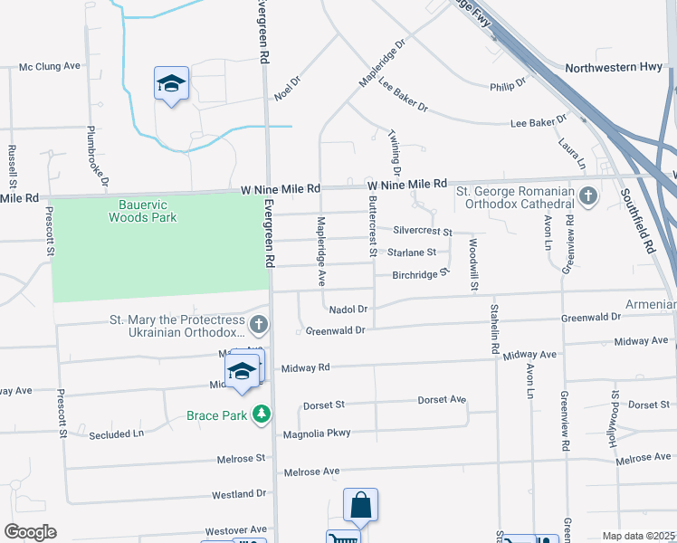 map of restaurants, bars, coffee shops, grocery stores, and more near 19630 Albany Avenue in Southfield