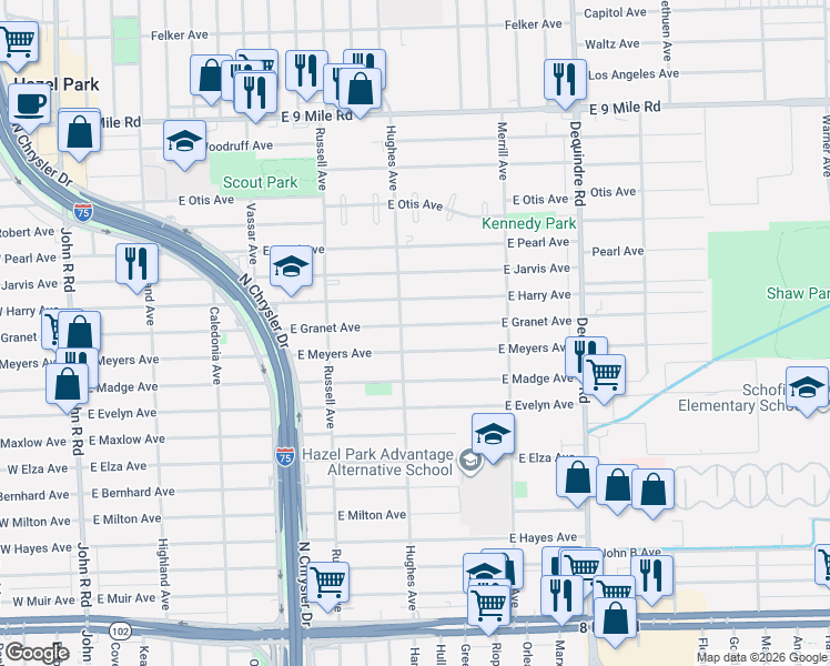 map of restaurants, bars, coffee shops, grocery stores, and more near 1463 East Granet Avenue in Hazel Park