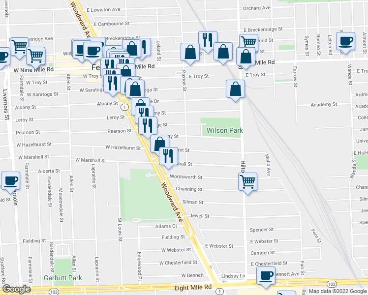 map of restaurants, bars, coffee shops, grocery stores, and more near 275 East Hazelhurst Street in Ferndale