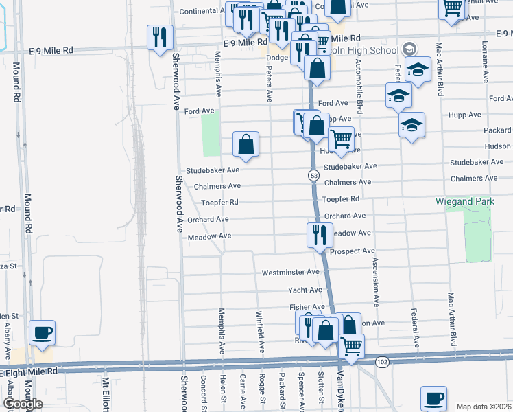 map of restaurants, bars, coffee shops, grocery stores, and more near 7251 Toepfer Road in Warren