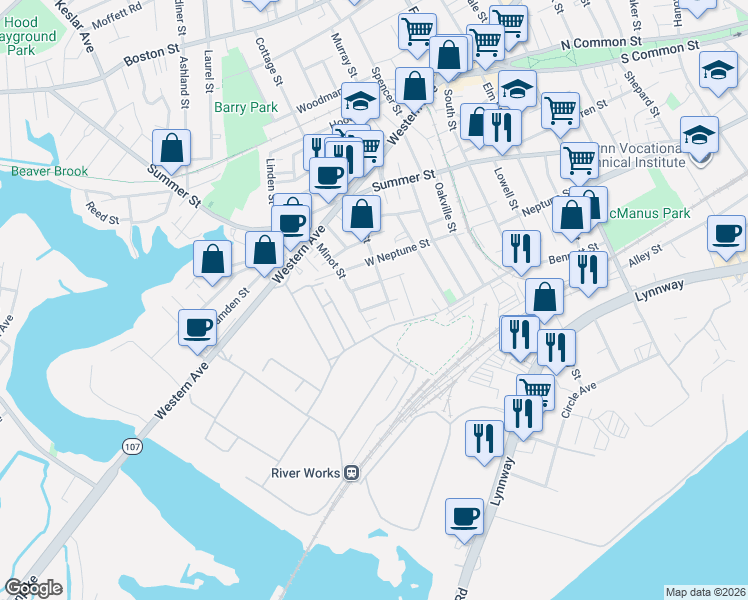 map of restaurants, bars, coffee shops, grocery stores, and more near 39 Norton Street in Lynn
