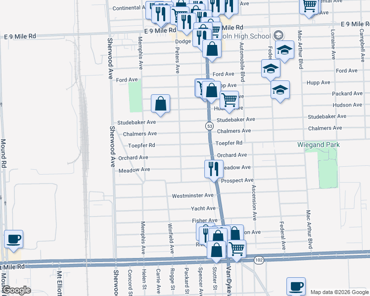 map of restaurants, bars, coffee shops, grocery stores, and more near 7536 Chalmers Avenue in Warren