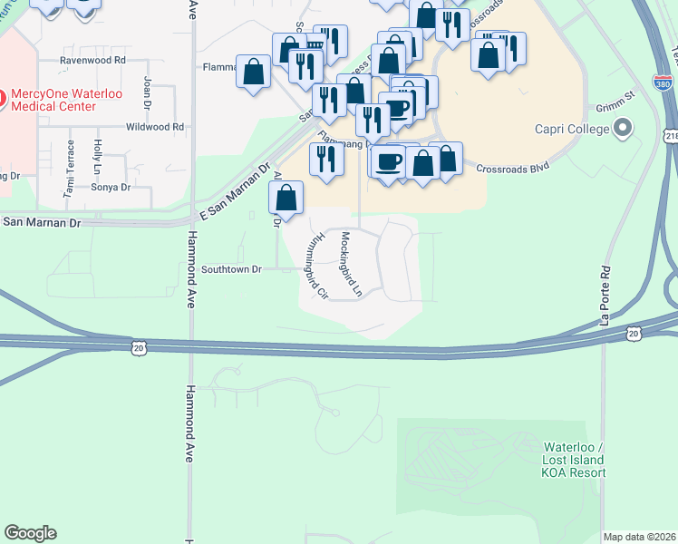 map of restaurants, bars, coffee shops, grocery stores, and more near 4129 Mockingbird Lane in Waterloo