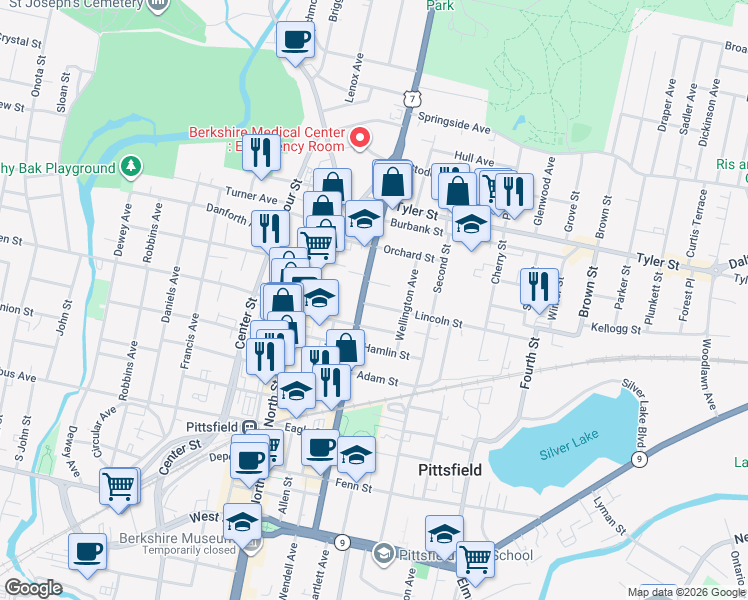 map of restaurants, bars, coffee shops, grocery stores, and more near 15-29 Maude Street in Pittsfield