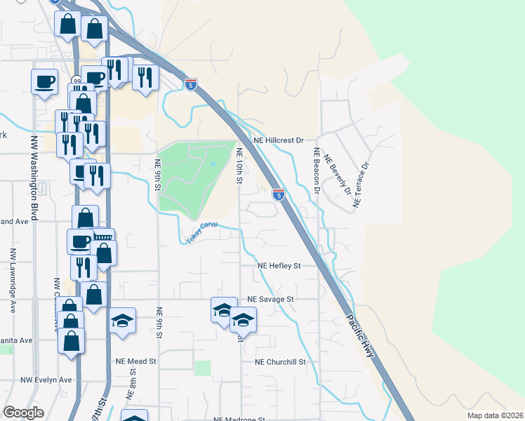 map of restaurants, bars, coffee shops, grocery stores, and more near 1465 Northeast 10th Street in Grants Pass