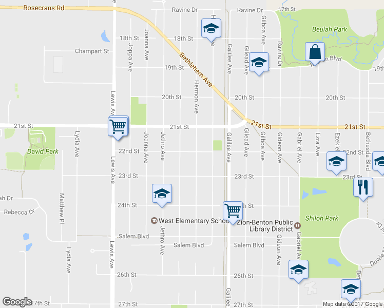 map of restaurants, bars, coffee shops, grocery stores, and more near 2200 Hermon Avenue in Zion