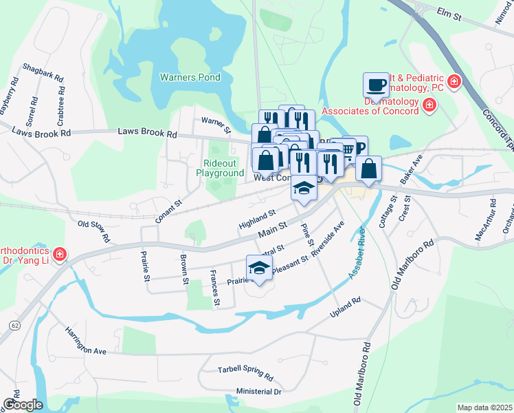 map of restaurants, bars, coffee shops, grocery stores, and more near 48 Junction Square Drive in Concord