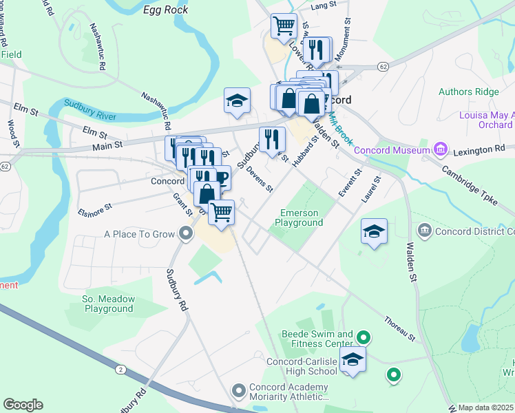 map of restaurants, bars, coffee shops, grocery stores, and more near 166 Hubbard Street in Concord