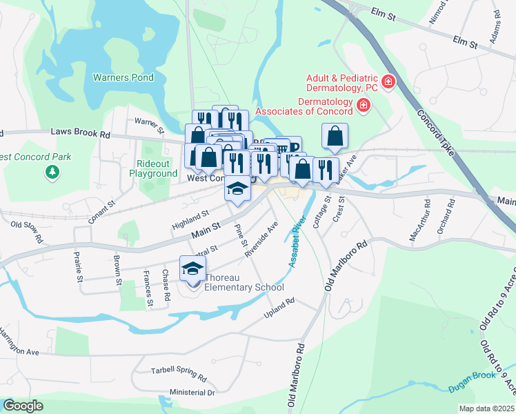 map of restaurants, bars, coffee shops, grocery stores, and more near 1276 Main Street in Concord