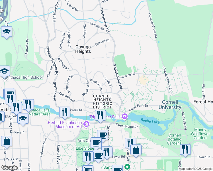 map of restaurants, bars, coffee shops, grocery stores, and more near 109 Dearborn Place in Ithaca