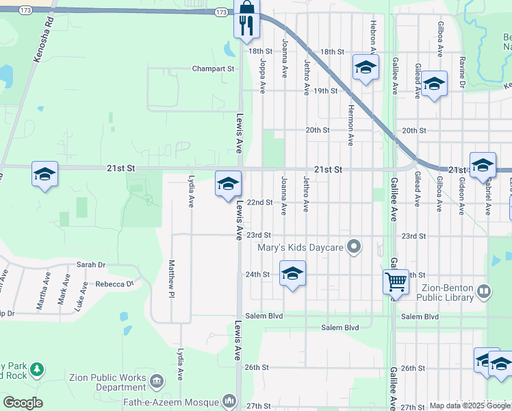 map of restaurants, bars, coffee shops, grocery stores, and more near 2116 Joppa Avenue in Zion
