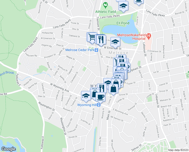 map of restaurants, bars, coffee shops, grocery stores, and more near 201 West Foster Street in Melrose