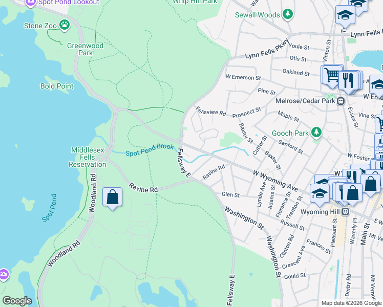 map of restaurants, bars, coffee shops, grocery stores, and more near 291 West Wyoming Avenue in Stoneham