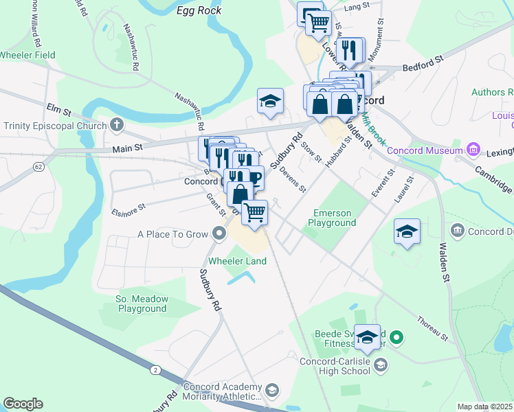 map of restaurants, bars, coffee shops, grocery stores, and more near 153 Thoreau Street in Concord