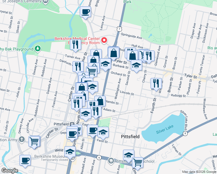 map of restaurants, bars, coffee shops, grocery stores, and more near 15-29 Maude Street in Pittsfield