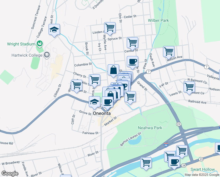 map of restaurants, bars, coffee shops, grocery stores, and more near 39 Dietz Street in Oneonta