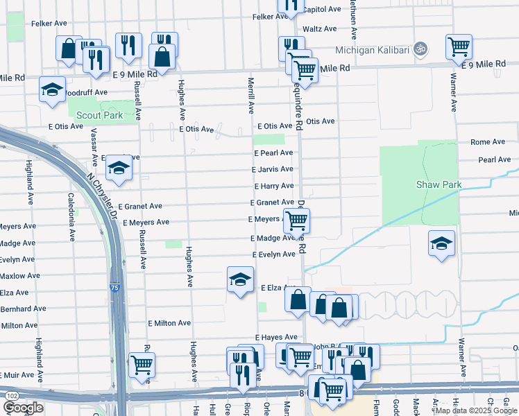 map of restaurants, bars, coffee shops, grocery stores, and more near 1705 East Granet Avenue in Hazel Park