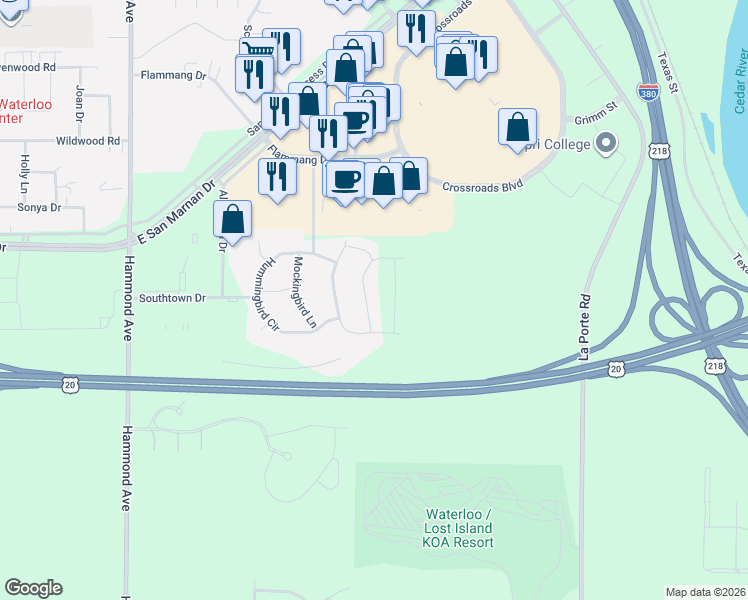 map of restaurants, bars, coffee shops, grocery stores, and more near 734 Grindstone Circle in Waterloo