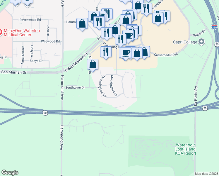 map of restaurants, bars, coffee shops, grocery stores, and more near 4129 Mockingbird Lane in Waterloo